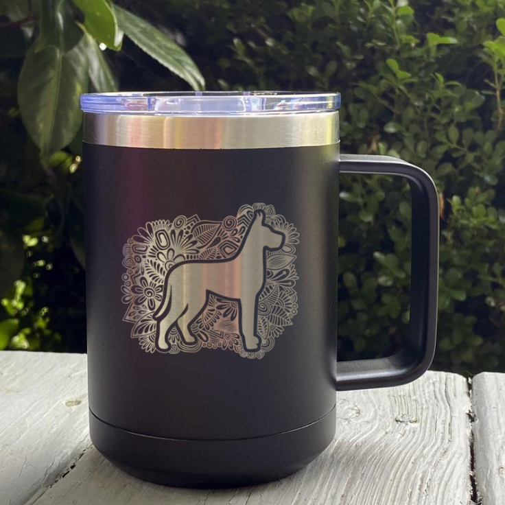 Save Rocky the Great Dane Rescue and Rehab Cropped Ear Great Dane Mandala Mug