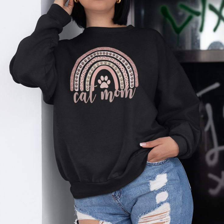 Cat Mom Pink Rainbow Crewneck