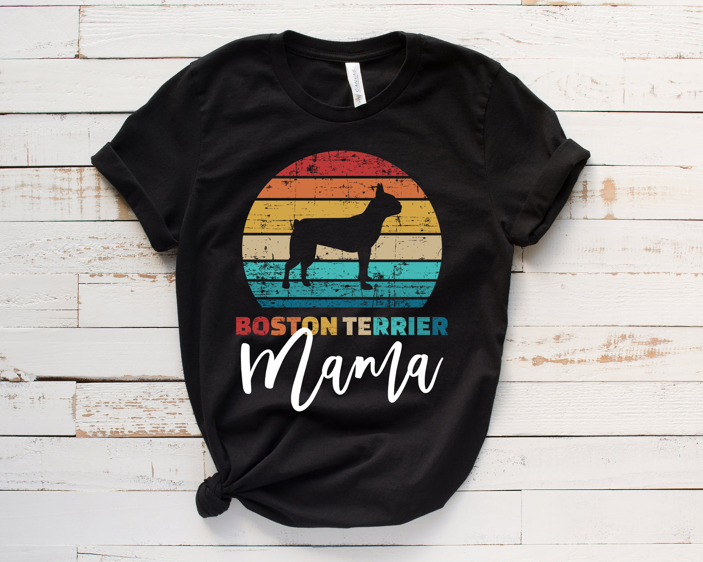 Boston Terrier Mama Vintage Rainbow Tee
