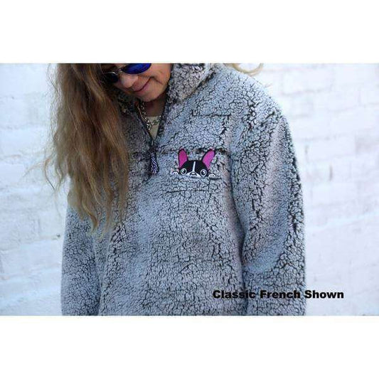 Embroidered Sherpa Pullover 1/4 Zip pink pug bulldog frenchie