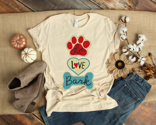 live love bark written on a shirt
