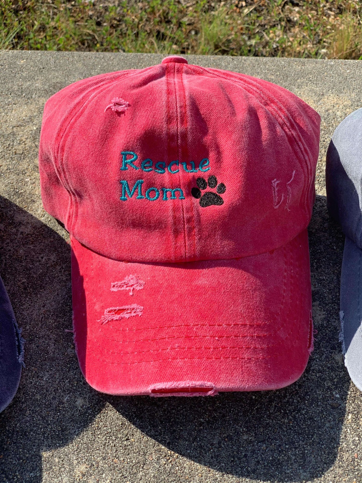 Distressed Ladder Back Pony Hats Rescue Mom, Paw Prints Love pets