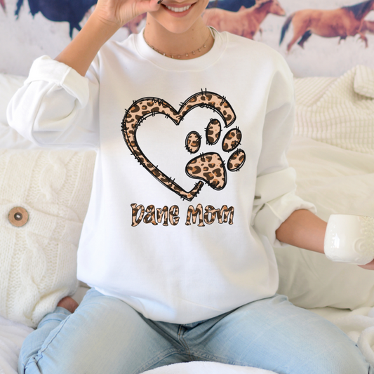 Save Rocky The Great Dane Rescue and Rehab Leopard Heart & Paw Print Dane Mom Sweatshirt
