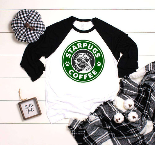 Whate body with black sleeve baseball raglan with green starbucks similar design. Pug in the middle of the design and wording that reads Starpugs Coffee in white outlined in black.  Also available on plain white tee shirt.