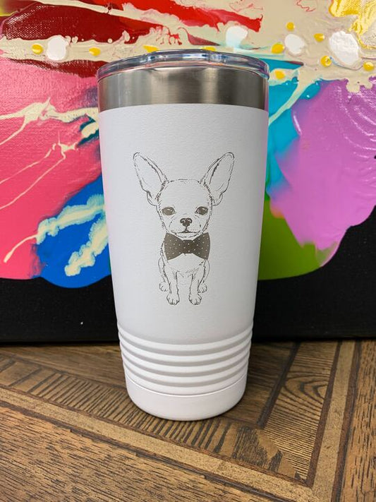 Image of an insulated tumbler in White with metal rim, clear plastic lid, featuring a sweet Chihuahua sporting a bow tie laser etched in the side of the cup.