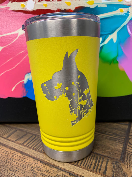 Image of an insulated tumbler in Yellow with metal rim, clear plastic lid, and a Great Dane head silhouette filled with flowers laser etched in the side of the cup.