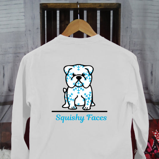 Winter White English Bulldog Snowflakes Long Sleeve Shirt